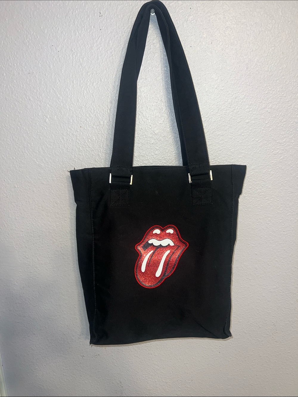 Rolling Stone Canvas Tote Bag Black with Red Tongue Patch